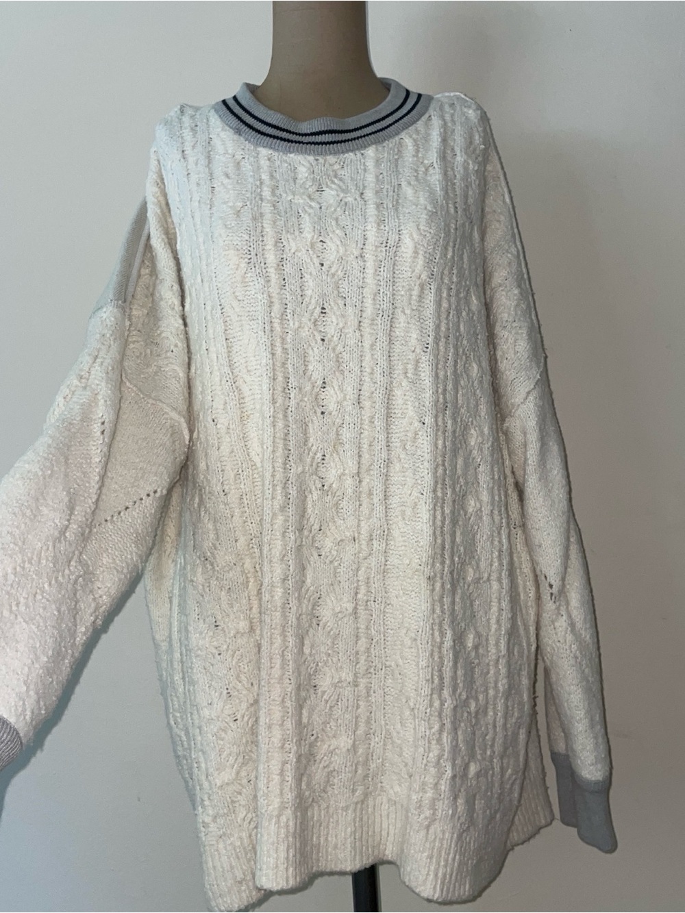 Free People Cream Cable Knit Sweater with Gray Trim - Picture 2 of 6